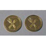 TWO 1988 BRITISH VIRGIN ISLANDS CHIMU KING'S CROSSED HANDS FIFTY DOLLARS COINS Condition