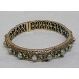 GREEN HARDSTONE SET BANGLE MARKED SILVER MADE IN CHINA WITH ENAMEL DECORATION MAX DIAMETER 6.