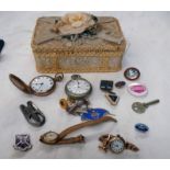 9CT GOLD LADIES WRISTWATCH, HUNTER CASED POCKETWATCH, CURLING CLUB BADGES,