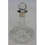 SMALL SILVER MOUNTED CUT GLASS SHIPS DECANTER BY MAPPIN & WEBB BIRMINGHAM 1986 - 16 CM TALL