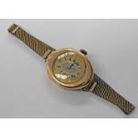 9CT GOLD OVAL CASED WRIST WATCH ON METAL BRACELET