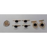 3 PAIRS YELLOW METAL & ONYX CUFFLINKS MARKED 14K & CHINESE PENDANT MARKED 14K