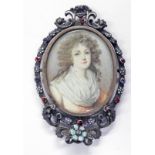 SILVER FRAMED PORTRAIT MINIATURE OF A LADY IN A PINK DRESS,