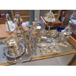 SELECTION OF SILVER PLATED WARE INCLUDING CRUETS, SALVER CASED CUTLERY, HIP FLASKS,