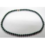 MALACHITE BEAD NECKLACE ON CLASP MARKED 14K WITH SPACERS - LENGTH 55CM