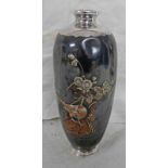 JAPANESE METAL VASE WITH BIRD & FLORAL DECORATION & SIGNATURE TO BASE,