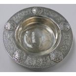 ART NOUVEAU LIBERTY & CO SILVER CIRCULAR DISH WITH GLASS LINER WITH ENGRAVED DECORATION,