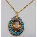 OVAL CITRINE AND TURQUOISE SET PENDANT ON FINE 18CT GOLD CHAIN