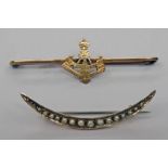 9CT GOLD PRINCES OF WALES OWN YORKSHIRE REGIMENT BAR BROOCH & 9CT GOLD SEED PEARL CRESCENT BROOCH -