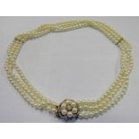 TRIPLE STRAND CULTURED PEARL NECKLACE WITH 9CT GOLD DIAMOND AND PEARL SET CLASP