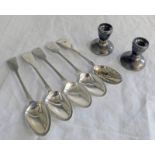 PAIR SILVER CANDLESTICK, SET OF 4 SILVER TEASPOONS & ONE OTHER SILVER TEASPOON 4.