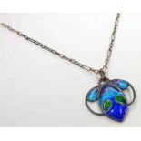 ART NOUVEAU BLUE & GREEN ENAMEL DECORATED SILVER PENDANT ON CHAIN BY WILLIAM HAIR HASELER
