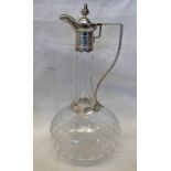 VICTORIAN SILVER MOUNTED CUT GLASS CLARET JUG WITH ENGRAVED DECORATION,