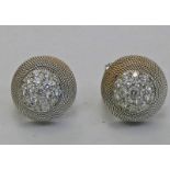 PAIR 18CT WHITE GOLD BEEHIVE EARCLIPS WITH DIAMOND CLUSTER, DECORATION, THE CLAPS MARKED 750 - 10.