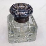 HEAVY CUT GLASS INKWELL WITH NIELLO WORK DECORATED LID - 9CM TALL
