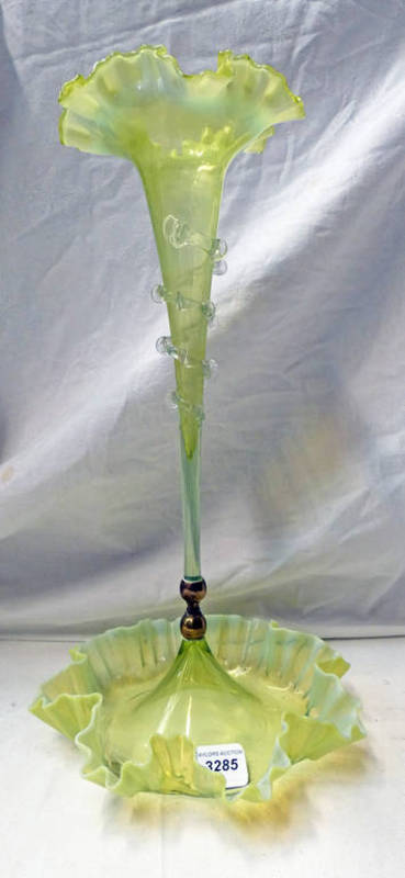 EARLY 20TH CENTURY VASELINE GLASS EPERGNE WITH CENTRAL TRUMPET SHAPED STEM - 45 CM TALL