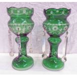 PAIR GREEN FLASHED GLASS TABLE LUSTRE'S WITH FACETED GLASS DROPS - CM TALL