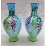 PAIR OF ORIENTAL SILVER & ENAMEL BALUSTER VASES DECORATED BALUSTER VASES DECORATED WITH FLOWERS,