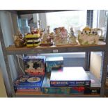 SELECTION OF VARIOUS PORCELAIN, BOARD GAMES, ETC INCLUDING FIGURES, TEAPOTS,