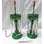PAIR OF GREEN GLASS TABLE LUSTRE WITH FACETED GLASS DROPS, CONVERTED TO ELECTRICITY - 27.