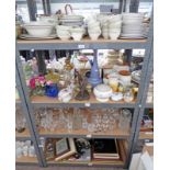 VARIOUS PORCELAIN TEA & DINNERWARE, VARIOUS STORAGE JARS, GOLFING FIGURES, VARIOUS CRYSTAL,