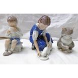 3 PORCELAIN FIGURES FROM ROYAL COPENHAGEN FEATURING A GIRL & CAT, BOY ON A STOOL AND CAT,