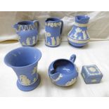 SELECTION OF WEDGWOOD BLUE & WHITE JASPERWARE JUGS, VASE & TRINKET BOX, TALLEST - 14.