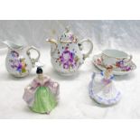 VILLEROY & BOCH DRESDEN BREAKFAST SET DECORATED WITH FLOWERS & 2 ROYAL DOULTON FIGURES