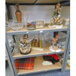 SELECTION OF VARIOUS PORCELAIN, GLASSWARE ETC INCLUDING DECANTER, VASES , CUPS DI MONTE FIGURES,
