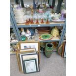 LARGE SELECTION OF GLASSWARE, PORCELAIN FIGURES, MAJOLICA STYLE POTTERY DISH,