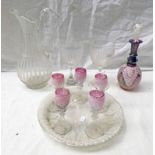 PINK GLASS LIQUER DECANTER & GLASS SET ON TRAY WITH APPLIED LACE STYLE DECORATION,