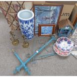 METAL WALL BRACKET, ORIENTAL BLUE AND WHITE PORCELAIN STICK STAND, PRINTS,