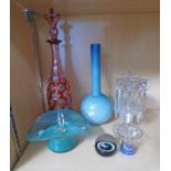 SELECTION OF DECORATIVE GLASS/CRYSTAL INCLUDING PAPERWEIGHT WITH THISTLE DECORATION, DECANTER,