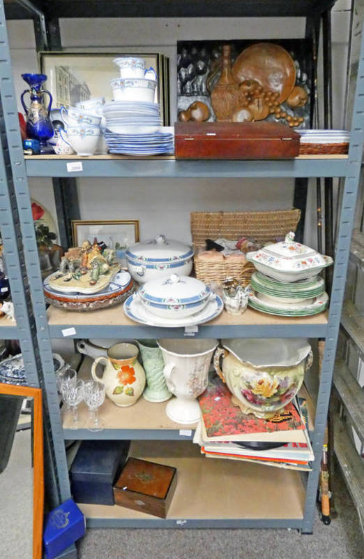 4 SHELVES WITH PORCELAIN DINNERWARE, BLUE & WHITE LAWLEYS PORCELAIN TEASET, CRYSTAL, PORCELAIN JUGS,