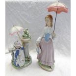 TWO LLADRO PORCELAIN FIGURES OF A GIRL & LADY HOLDING PARASOLS.