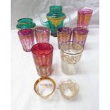 SELECTION OF GILT DECORATED RED, GREEN & CLEAR GLASS WARE INCLUDING BEAKERS,