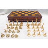 ROSEWOOD TRAVELLING GAMES BOX WITH INLAID DECORATION AND BONE CHESS PIECES.