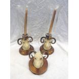 SET OF 3 BRASS MOUNTED RAMS HEAD TABLE CENTRES,