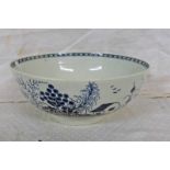 18TH CENTURY CAUGHLEY WARE BLUE & WHITE BOWL DECORATED WITH LANDSCAPE SCENE. DIAMETER 21.