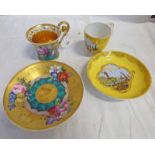 DRESDEN PORCELAIN CUP AND SAUCER WITH GILT FLORAL DECORATION AND CONTINENTAL PORCELAIN YELLOW CUP