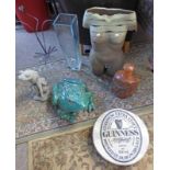 2 POTTERY FROGS, POTTERY TORSO STICKSTAND,