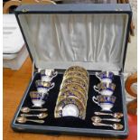 HAMMERSLEY PORCELAIN BLUE & GILT 6 PLACE TEA SET WITH GILT TEASPOONS IN FITTED CASE