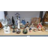 SELECTION OF VARIOUS PORCELAIN ETC INCLUDING DOULTON HUMMEL & OTHER FIGURES, ART DECO ONYX CLOCK,