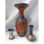 2 SATSUMA POTTERY VASES & ORIENTAL BLACK & GILT VASE - 33.