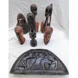 6 CARVED AFRICAN WOODEN BUSTS & CARVED WOODEN AFRICAN TRAVELLING GAMES CASE