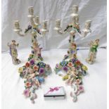 PAIR OF PORCELAIN CANDELABRA WITH CHERUB & FLORAL DECORATION TOGETHER WITH ACCOMPANYING FIGURES