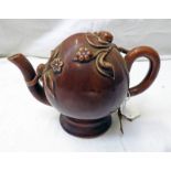 19TH CENTURY BRAMELD POTTERY TREACLE GLAZED CADOGAN TEAPOT DECORATED WITH BERRIES AND FLOWERS -