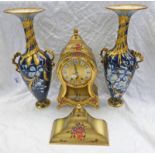 PAIR OF TWIN-HANDLED FLORAL VASES & FLORAL DECORATED CLOCK WITH WALL BRACKET,