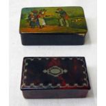 TWO 19TH CENTURY SNUFF BOXES ONE WITH RURAL SCENE DECORATION LARGEST LENGTH 8CM