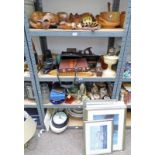 LARGE SELECTION OF WOODEN CARVED CATS ETC TOOLS, CAMERAS CERAMICS,